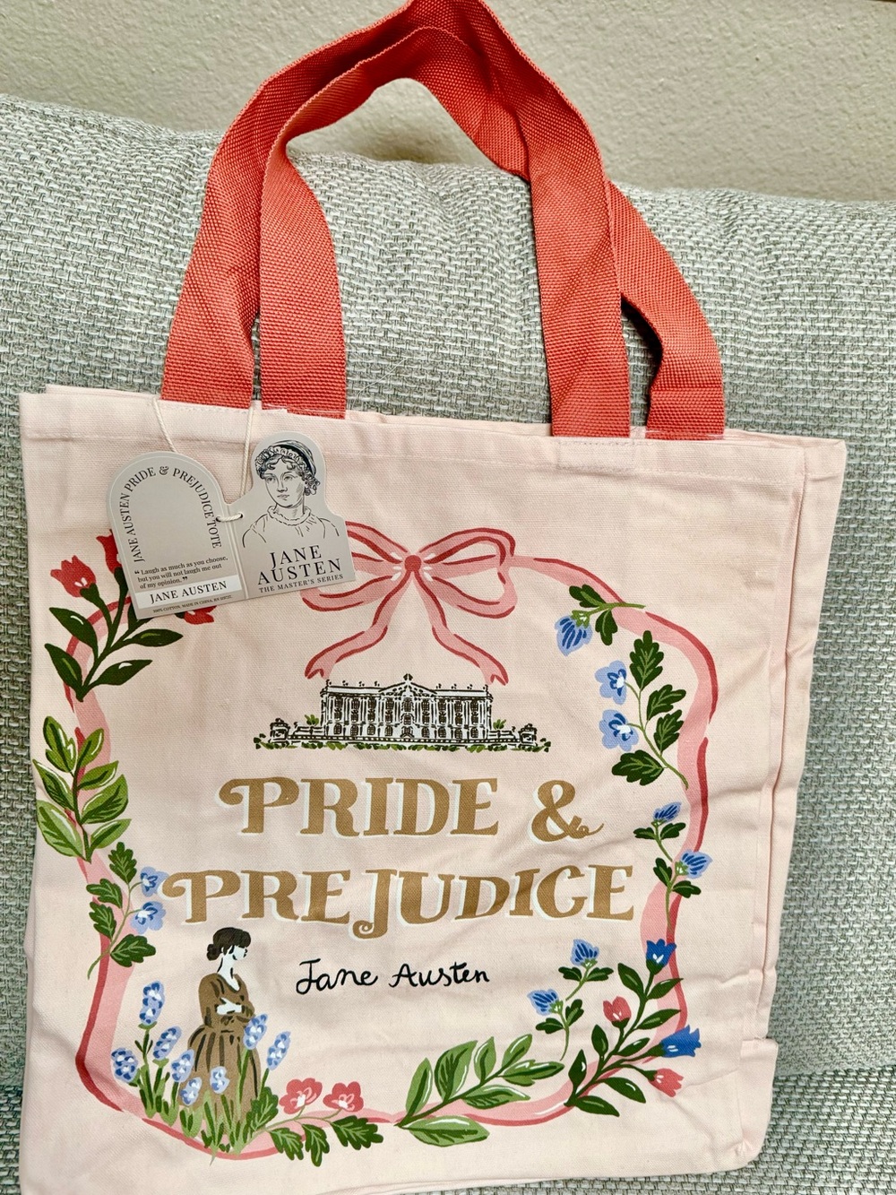 Jane Austen - 🎀 Pride & Prejudice Floral Soft Pink Canvas Tote Book Bag NWT